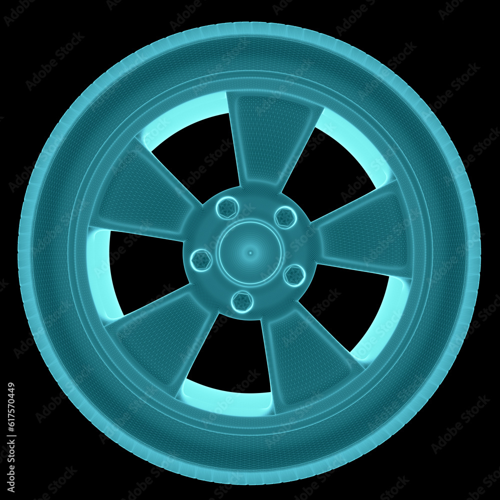 Obraz premium X-Ray Image Of Car Wheel, Isolated on Black Background. 3D Rendering