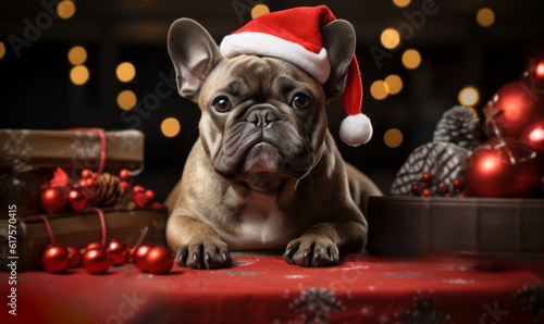 French Bulldog: A Christmas Companion Wearing a Santa Hat for Holiday Cheer. © touchedbylight
