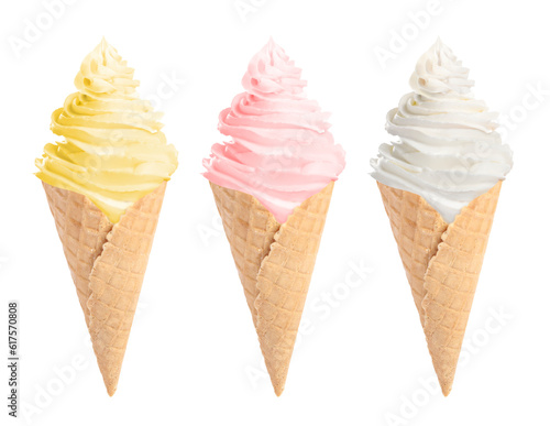 Ice cream in different flavors isolated on white. Soft serve