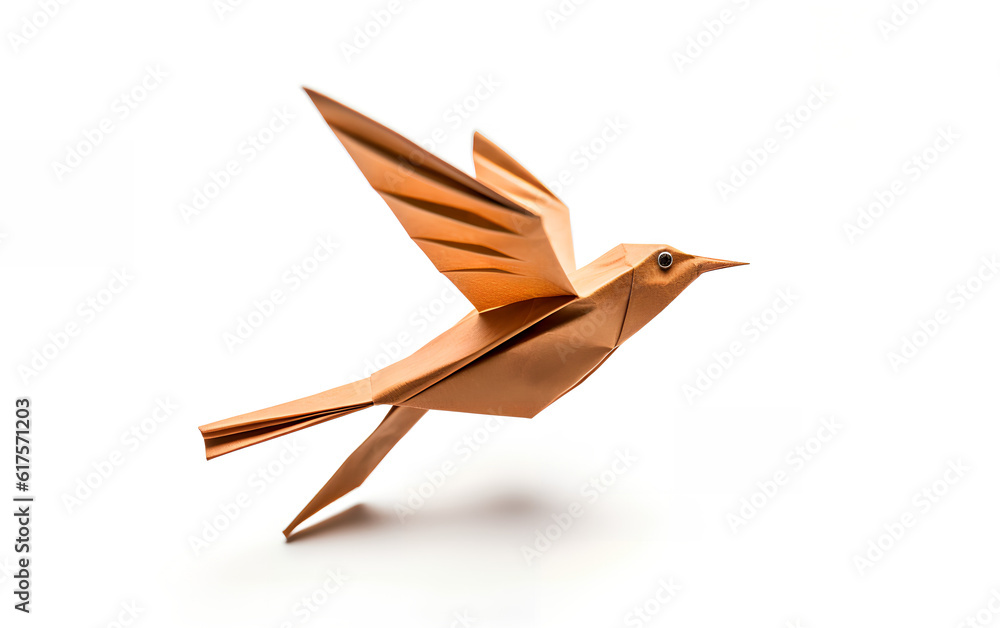 Intricate paper origami bird flying with open wings isolated on white background. A meticulously crafted paper origami bird in flight, its wings spread wide, poised in the air. Generative AI.