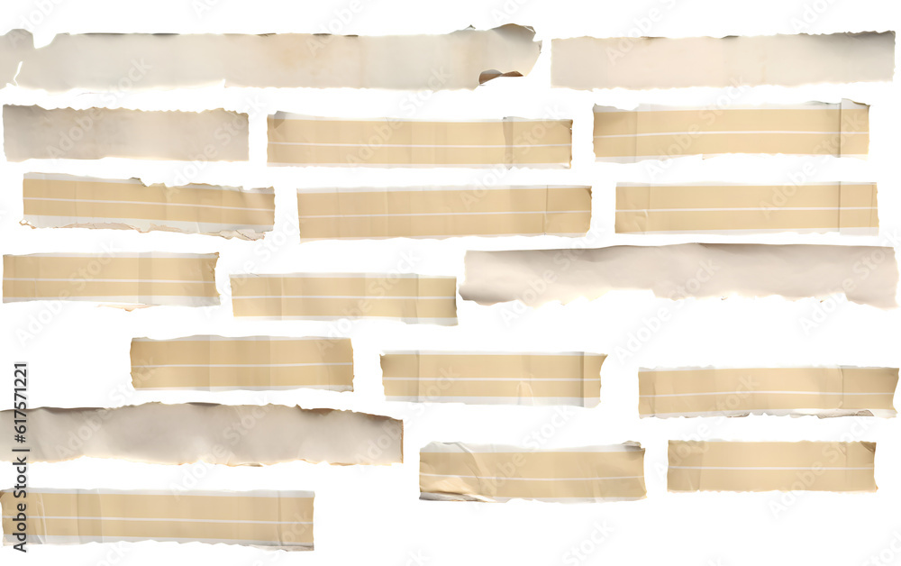 An organized collection of various ripped paper scraps, meticulously arranged over a stark white background, isolated, offering a top view perspective. Generated by AI