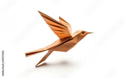 Obraz na płótnie Intricate paper origami bird flying with open wings isolated on white background. A meticulously crafted paper origami bird in flight, its wings spread wide, poised in the air. Generative AI. w salonie