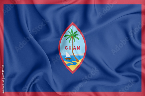 Guam flag waving with the wind, wide format, 3D illustration rendring. Design with satin fabric. to be used for educational purposes or for illustrations of videos or vlogs.