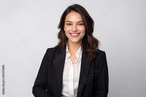 Portrait of a smiling businesswoman in a suit on a white background
