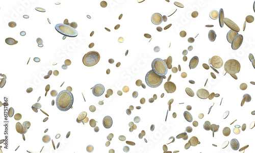 3d illustration of falling euro coins isolated on white background