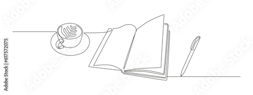 Opened book cup of coffee and pen in one continuous line drawing. Writes in diary and knowledge library concept in simple linear style. Editable stroke. Doodle vector illustration