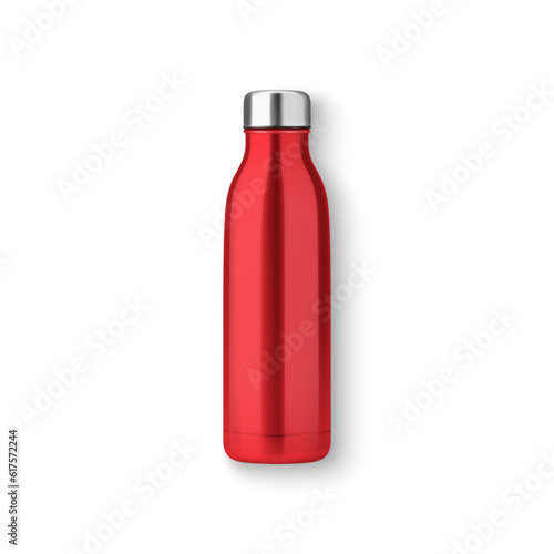 Vector Realistic 3d Red Empty Glossy Metal Reusable Water Bottle with Silver Bung Closeup Isolated. Design template of Packaging Mockup. Front, Top View