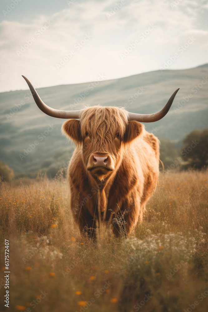 Scottish Highland Cow in a field Infront of some mountains. Scottish Highland Cow in a field Infront of some mountains.