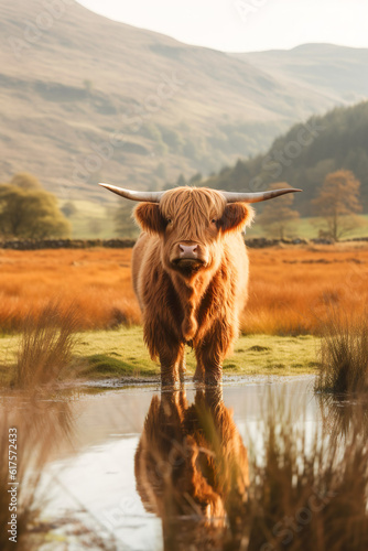 Scottish Highland Cow in a field standing in some water.