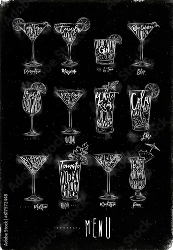 Photography Cocktail menu graphic lettering bloody mary, blue lagoon, cosmopolitan, cuba lib