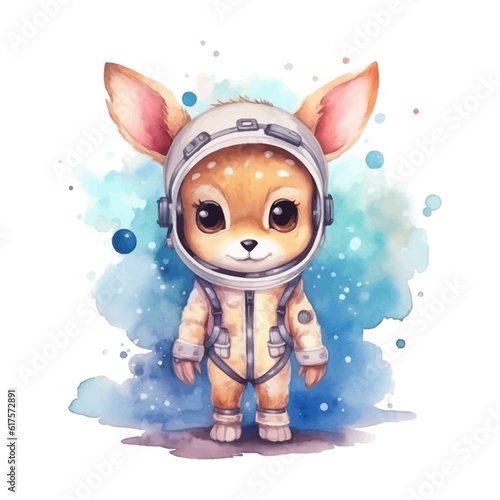 Cute astronaut deer cartoon in watercolor painting style