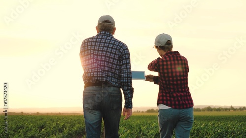two farmers work tablet sun, farming, teamwork group people, contract handshake agreement, man crop day agriculture agribusiness work silhouette background concept showing going sunlight ground young