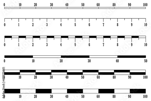 map scales graphics, measuring distance. set of metric rulers. Mackup for rulers. Measuring scales. Unit distances. Size indicators. Vector illustration. stock image.