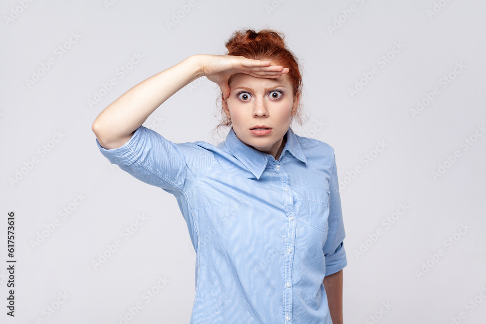 Portrait of scared ginger woman wearing blue shirt keeping palm over head and looking attentively far away, peering at long distance. Indoor studio shot isolated on gray background. Portrait of scared ginger woman wearing blue shirt keeping palm over head and looking attentively far away, peering at long distance. Indoor studio shot isolated on gray background.