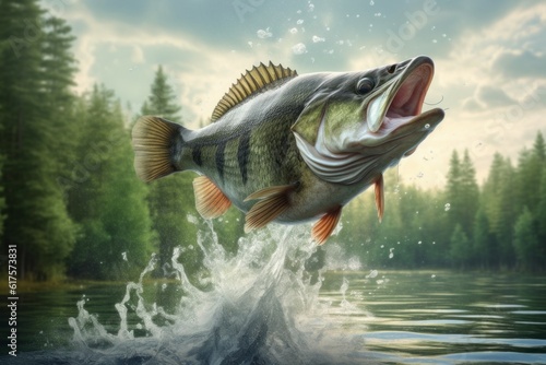 A fish jumps and splashes in a lake or pond. Fishing concept. Background with selective focus. AI generated