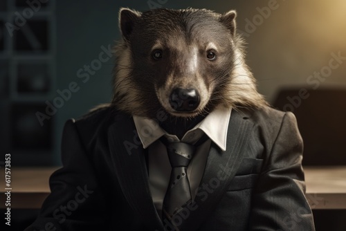 Anthropomorphic honey badger dressed in a suit like a businessman. Business Concept. AI generated, human enhanced photo