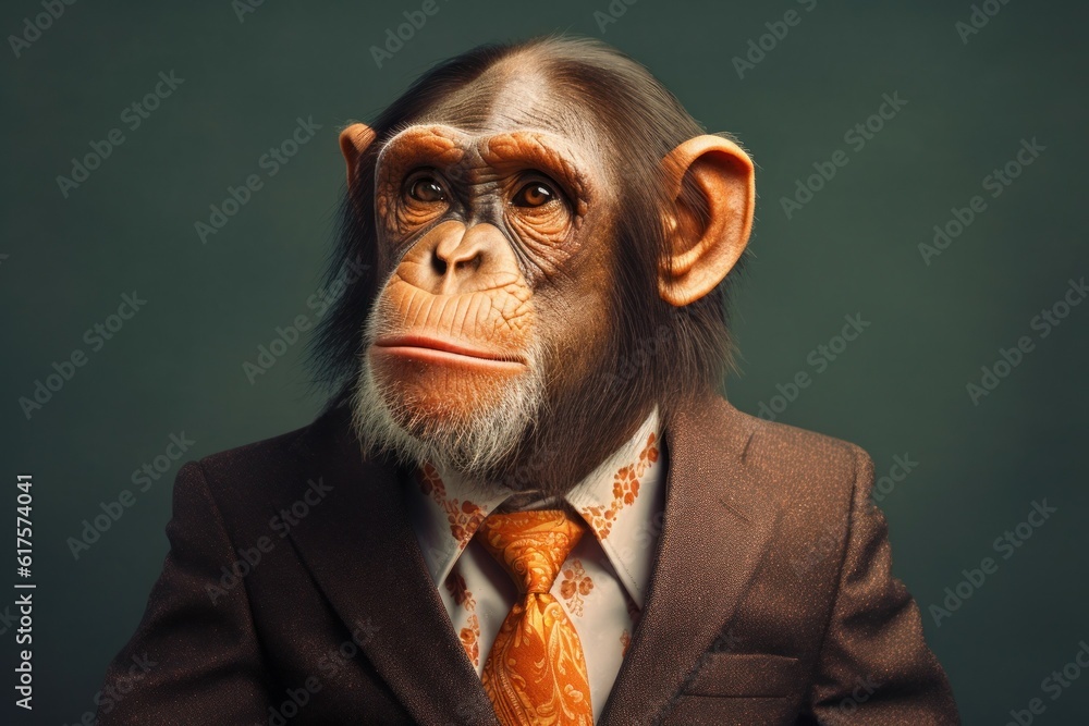 Anthropomorphic chimp dressed in a suit like a businessman. business concept. AI generated, human enhanced Anthropomorphic chimp dressed in a suit like a businessman. business concept. AI generated, human enhanced