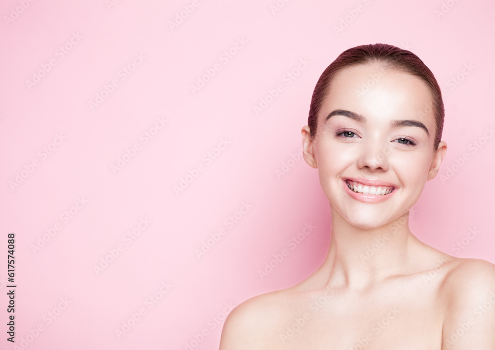 Beautyl girl natural makeup spa skin care and gorgeous smile on pink background Beautyl girl natural makeup spa skin care and gorgeous smile on pink background