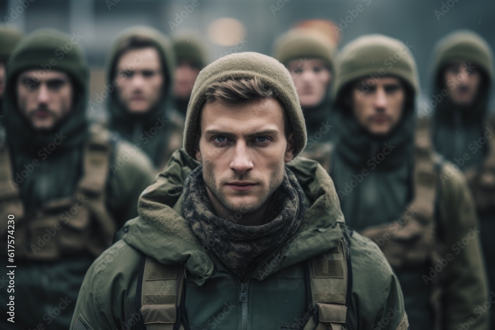 Portrait of a European army soldier in the ranks with selective focus. AI generated, human enhanced Portrait of a European army soldier in the ranks with selective focus. AI generated, human enhanced