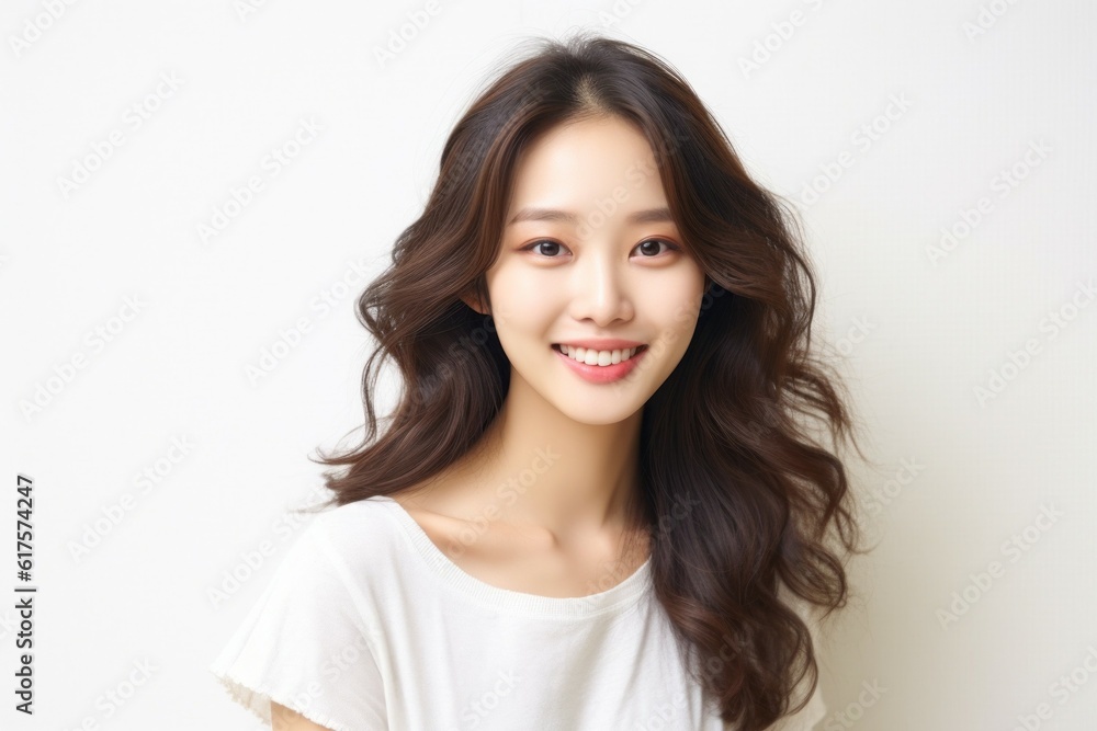Beauty portrait of a pretty young Asian woman on a light background with selective focus and copy space. AI generated Beauty portrait of a pretty young Asian woman on a light background with selective focus and copy space. AI generated