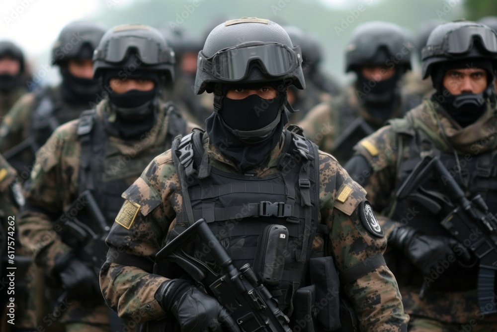 Portrait of a modern soldier in the ranks with selective focus. AI generated, human enhanced Portrait of a modern soldier in the ranks with selective focus. AI generated, human enhanced