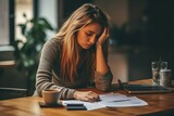 Woman doing paperwork. The concept of being stuck at work or preparing for an exam. AI generated