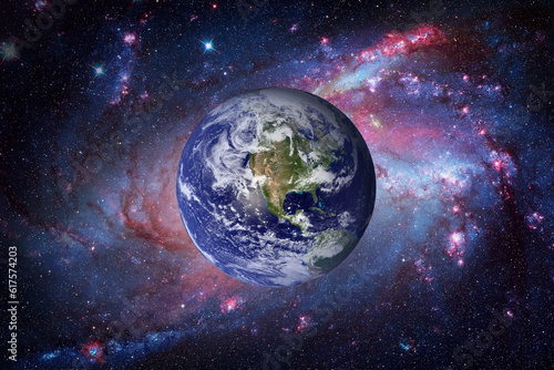 Fototapeta Naklejka Na Ścianę i Meble -  Earth and galaxy on background. Elements of this image furnished by NASA.