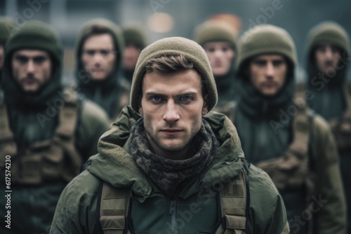 Portrait of a European army soldier in the ranks with selective focus. AI generated, human enhanced © top images