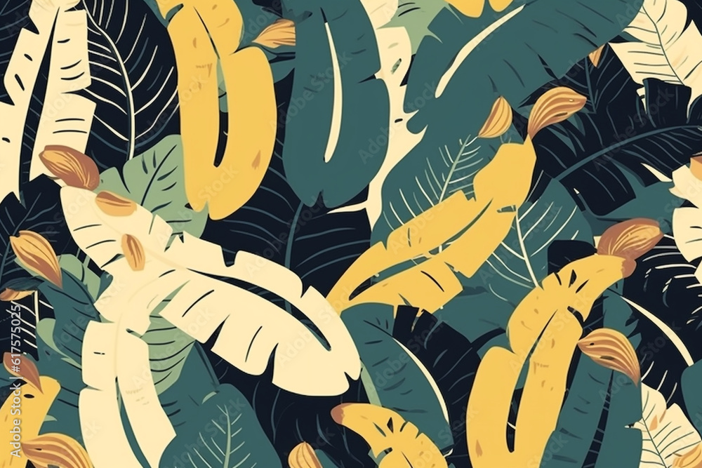 Banana and leaves pattern, in the style of anime aesthetic, clean and simple designs. Generative ai Banana and leaves pattern, in the style of anime aesthetic, clean and simple designs. Generative ai