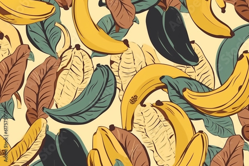 Banana and leaves pattern  in the style of anime aesthetic  clean and simple designs. Generative ai