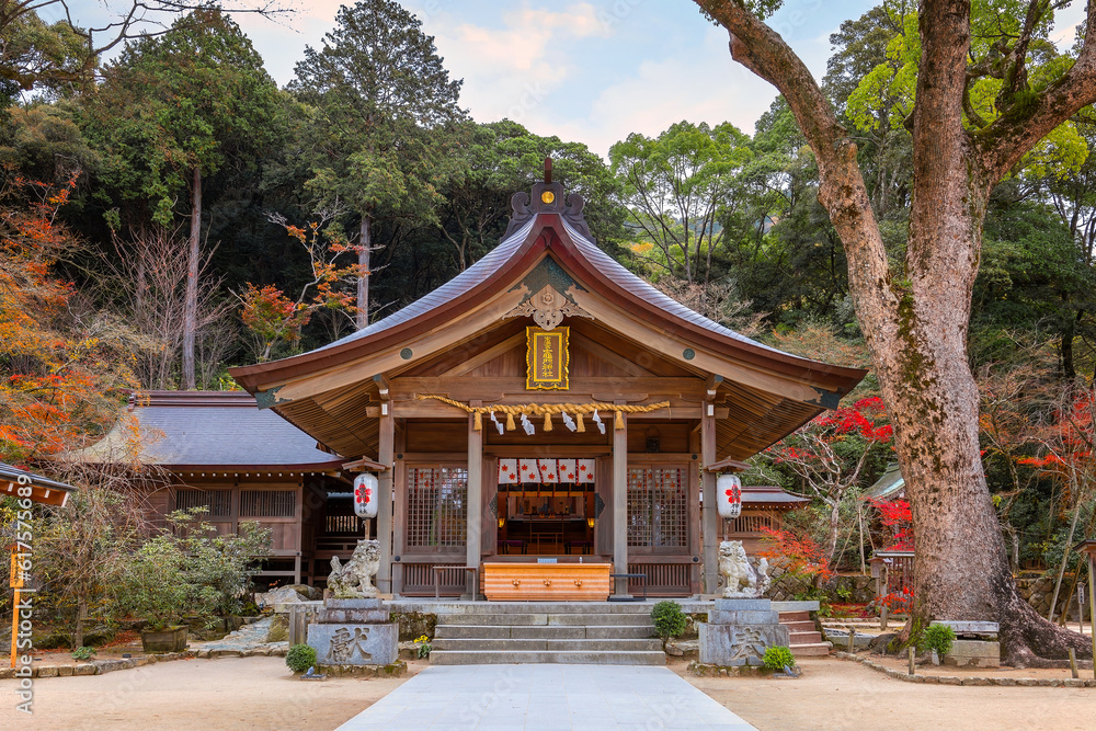 Fukuoka, Japan - Nov 30 2022: Homangu Kamado shrine located at Mt. Homan, venerated from ancient times as a sacred mountain, the shrine probably the inspiration for Kimetsu no Yaiba: Demon Slayer Fukuoka, Japan - Nov 30 2022: Homangu Kamado shrine located at Mt. Homan, venerated from ancient times as a sacred mountain, the shrine probably the inspiration for Kimetsu no Yaiba: Demon Slayer