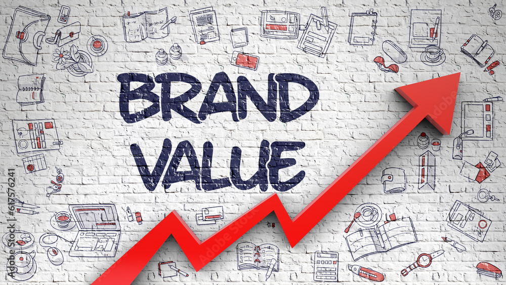 Brand Value - Enhancement Concept with Hand Drawn Icons Around on White Wall Background. White Wall with Brand Value Inscription and Red Arrow. Improvement Concept.