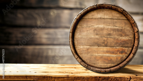 Photos Wooden retro old barrel on desk and free space for your decoration