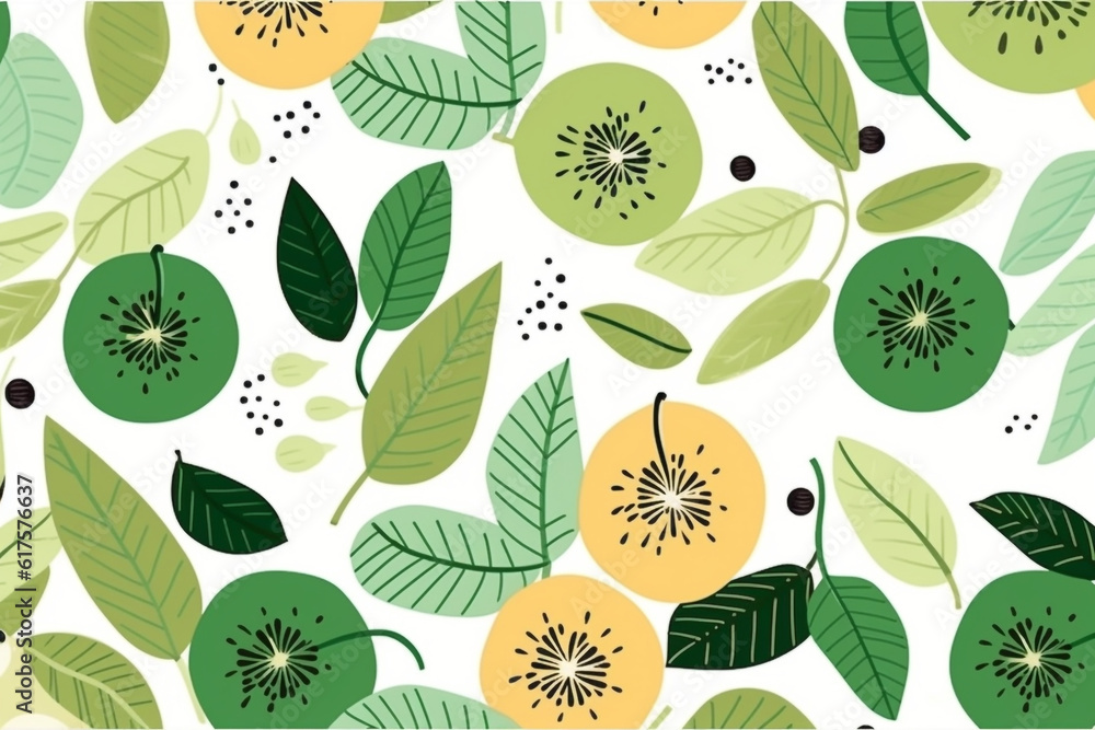 kiwifruit and leaves pattern, in the style of anime aesthetic, clean and simple designs. Generative ai kiwifruit and leaves pattern, in the style of anime aesthetic, clean and simple designs. Generative ai