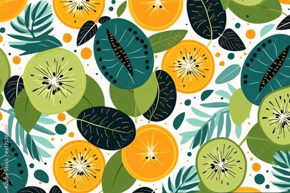 kiwifruit and leaves pattern, in the style of anime aesthetic, clean and simple designs. Generative ai kiwifruit and leaves pattern, in the style of anime aesthetic, clean and simple designs. Generative ai