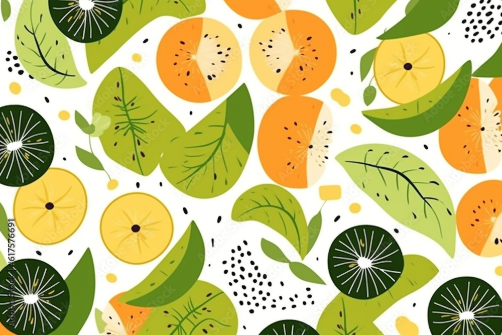 kiwifruit and leaves pattern, in the style of anime aesthetic, clean and simple designs. Generative ai