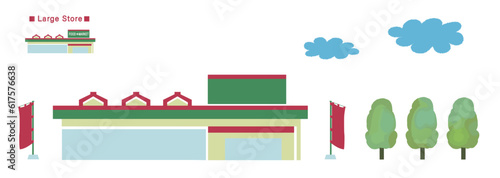 大型店舗、スーパーマーケットの建物、販売促進の旗、周辺の木、ベクターイラスト