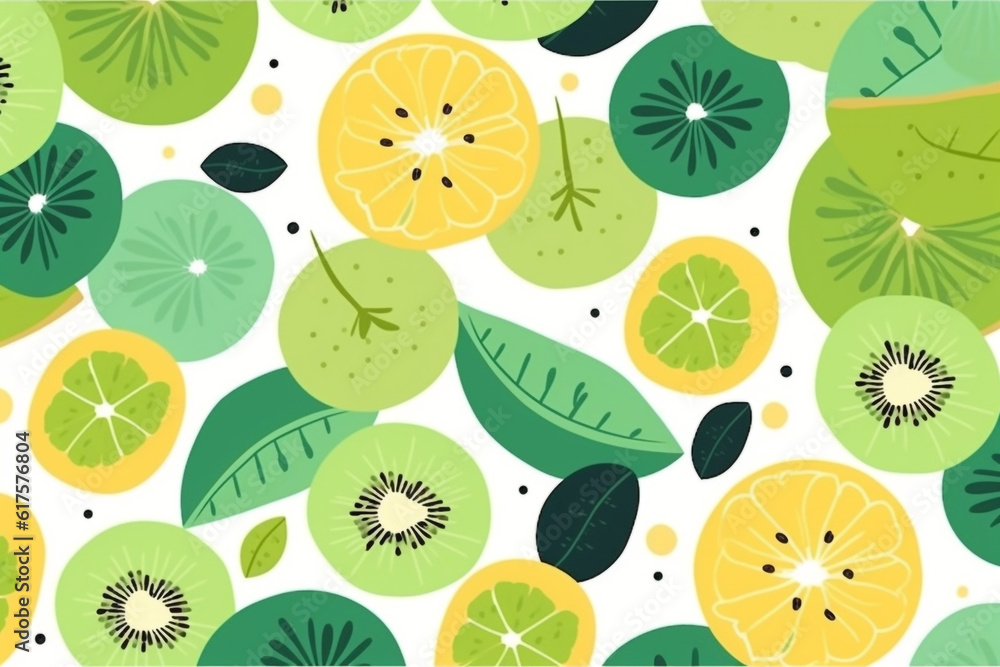 kiwifruit and leaves pattern, in the style of anime aesthetic, clean and simple designs. Generative ai