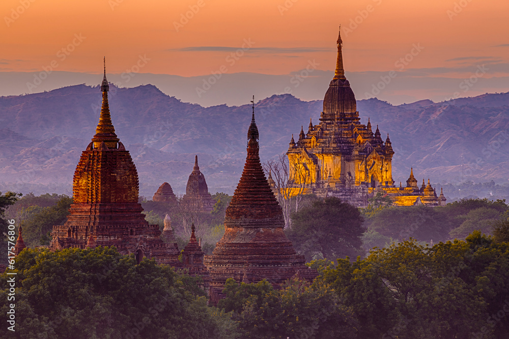 Scenic view of ancient Bagan temple during golden hour
