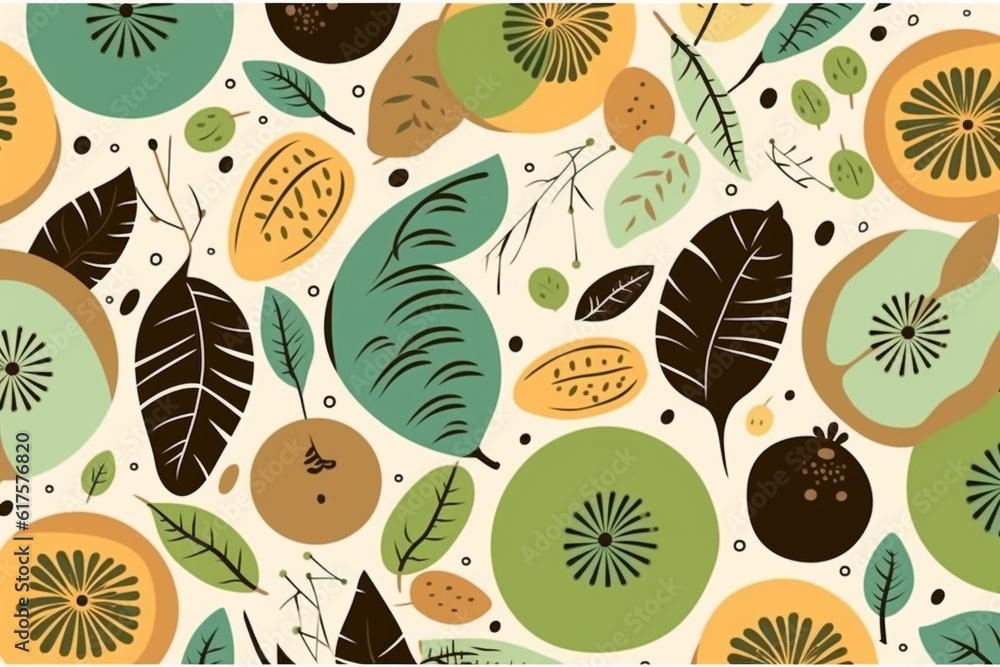 kiwifruit and leaves pattern, in the style of anime aesthetic, clean and simple designs. Generative ai kiwifruit and leaves pattern, in the style of anime aesthetic, clean and simple designs. Generative ai