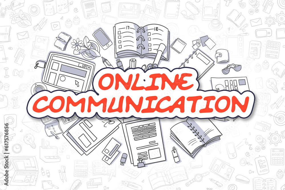 Online Communication Doodle Illustration of Red Word and Stationery Surrounded by Cartoon Icons. Business Concept for Web Banners and Printed Materials.