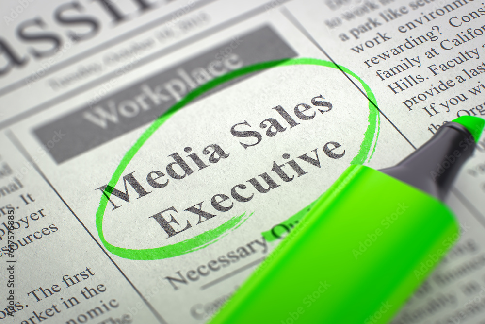 Media Sales Executive. Newspaper with the Small Advertising, Circled with a Green Marker. Blurred Image. Selective focus. Job Search Concept. 3D. Media Sales Executive. Newspaper with the Small Advertising, Circled with a Green Marker. Blurred Image. Selective focus. Job Search Concept. 3D.