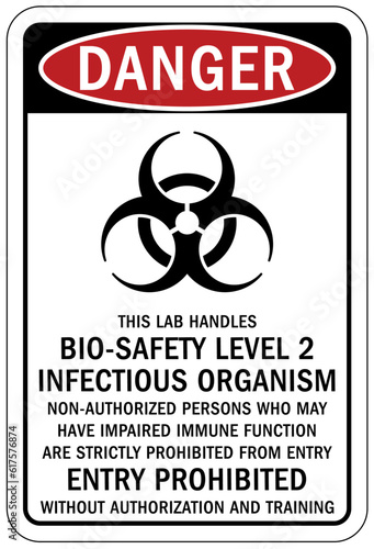 Biohazard warning sign and labels this lab handles bio safety level 2 infectious organism. Entry prohibited without authorization and training