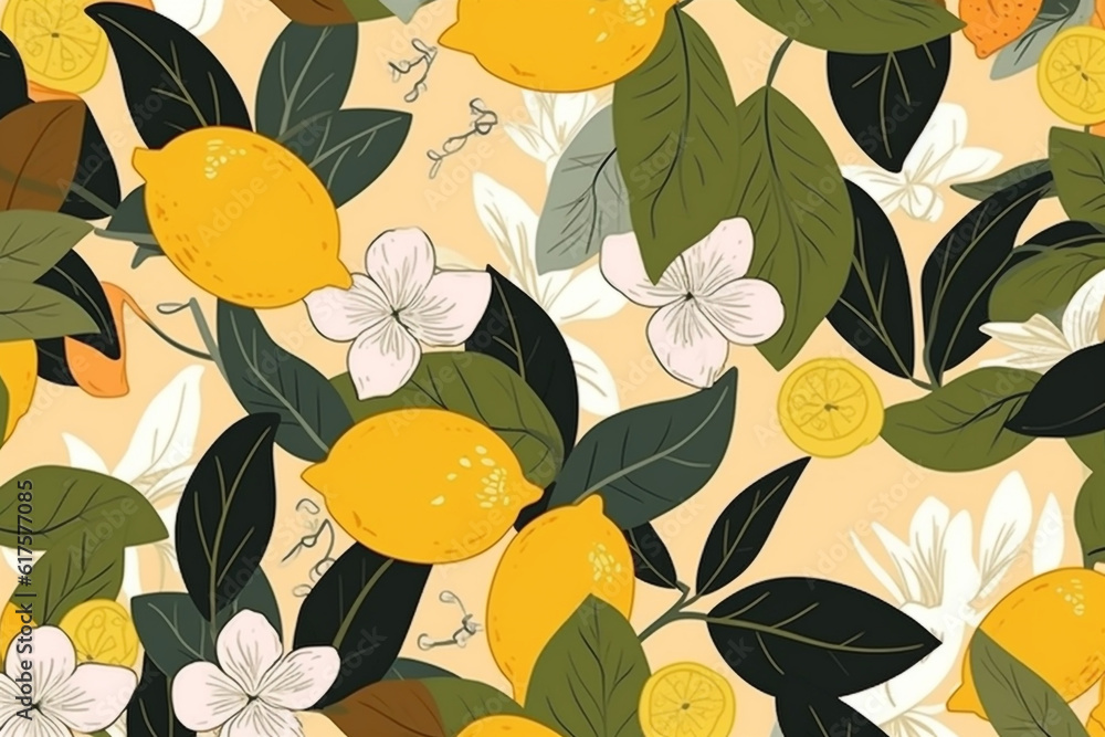 lemon and leaves pattern, in the style of anime aesthetic, clean and simple designs. Generative ai lemon and leaves pattern, in the style of anime aesthetic, clean and simple designs. Generative ai