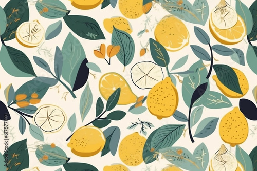 lemon and leaves pattern  in the style of anime aesthetic  clean and simple designs. Generative ai