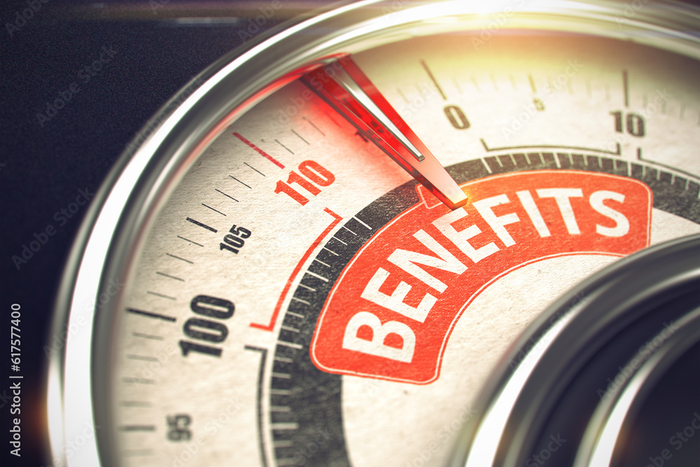 Benefits Rate Conceptual Balance with Caption on the Red Label. Business or Marketing Concept. 3D of a Rev Counter with Red Needle Pointing the Caption Benefits. Business Concept. 3D Render. Benefits Rate Conceptual Balance with Caption on the Red Label. Business or Marketing Concept. 3D of a Rev Counter with Red Needle Pointing the Caption Benefits. Business Concept. 3D Render.