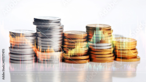 blurred stack of money coin on background with chart and graph for financial and economy backdrop concept. generative AI