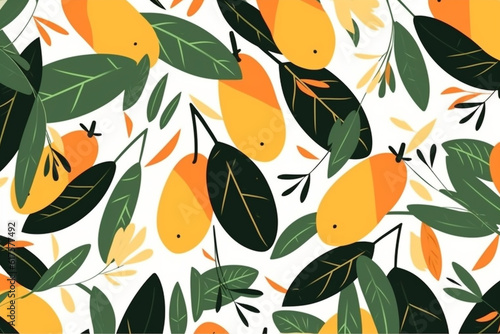 mango and leaves pattern, in the style of anime aesthetic, clean and simple designs. Generative ai 