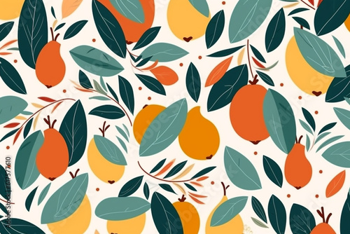 mango and leaves pattern, in the style of anime aesthetic, clean and simple designs. Generative ai 