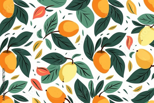 mango and leaves pattern, in the style of anime aesthetic, clean and simple designs. Generative ai
